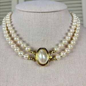 Estate Gold Faux Pearl Double Strand Victorian Choker 1980s Necklace Blind Clasp
